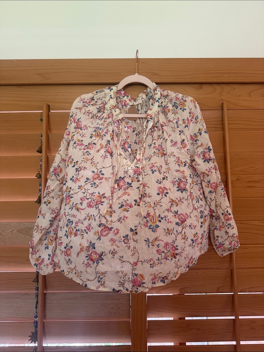 Cream Floral Tie-Neck Blouse with Pink & Blue Accents